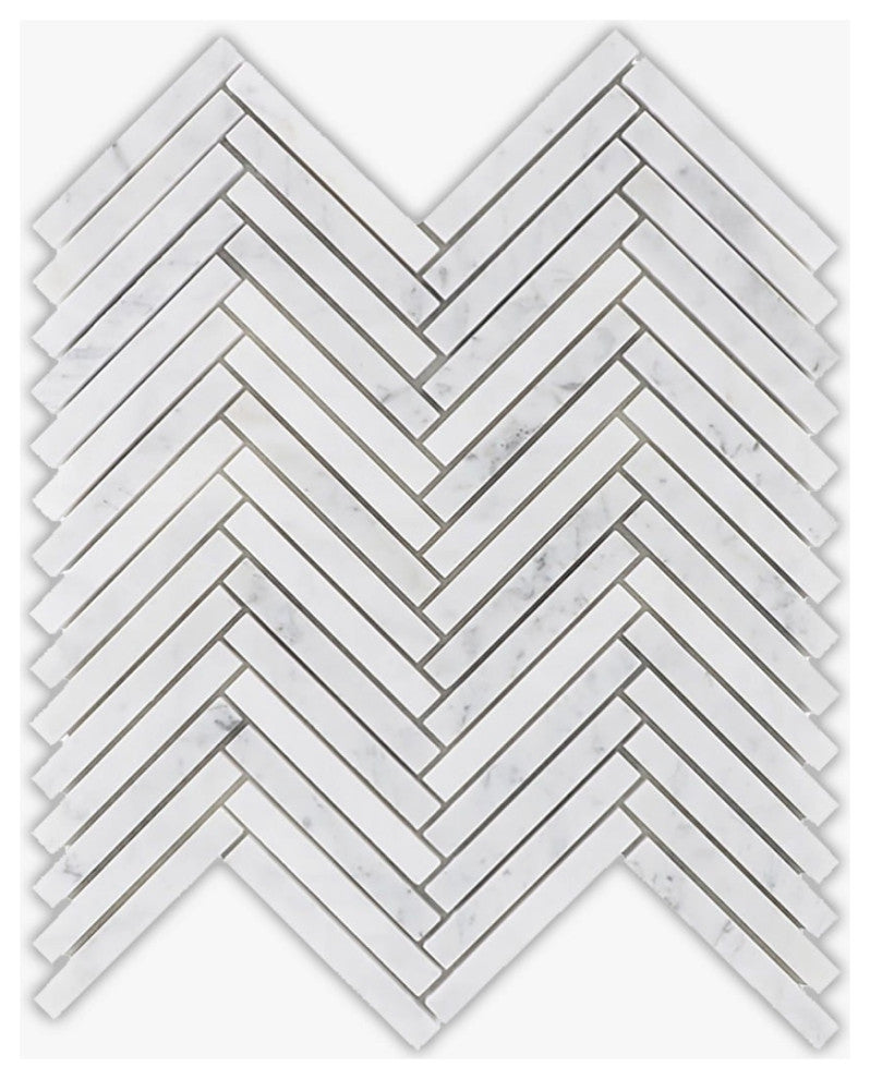 White Carrara Honed 5/8x6 Herringbone Marble Mosaic