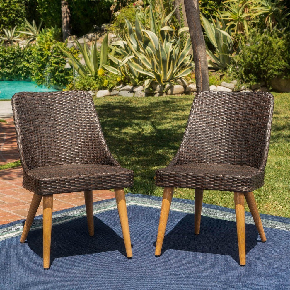 GDF Studio Desmond Outdoor Wicker Dining Chairs With Wood Metal Legs, Set of 2