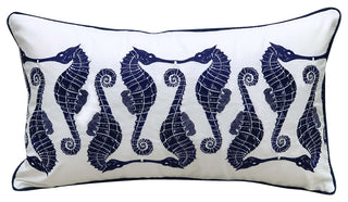 Indigo Series Seahorse Pattern Embroidered Indoor/Outdoor Throw Pillow