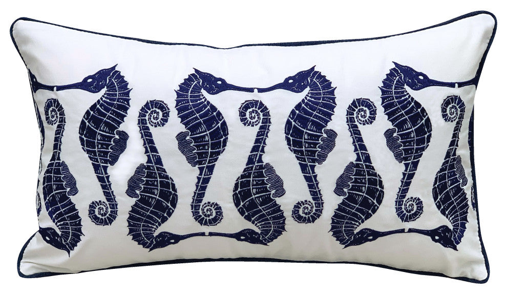 Indigo Series Seahorse Pattern Embroidered Indoor/Outdoor Throw Pillow