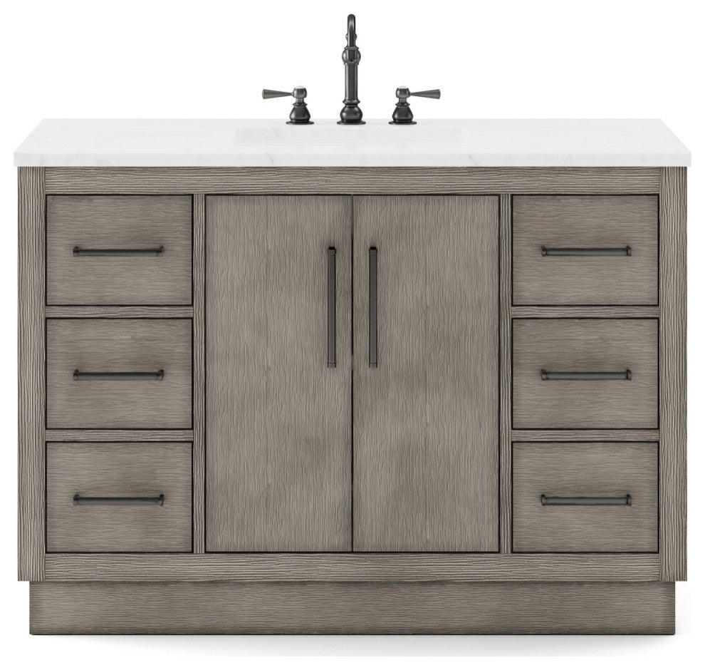 Hugo Carrara White Marble Countertop Bathroom Vanity in Grey Oak, Bronze Handle, 48", Vanity With Gooseneck Faucet