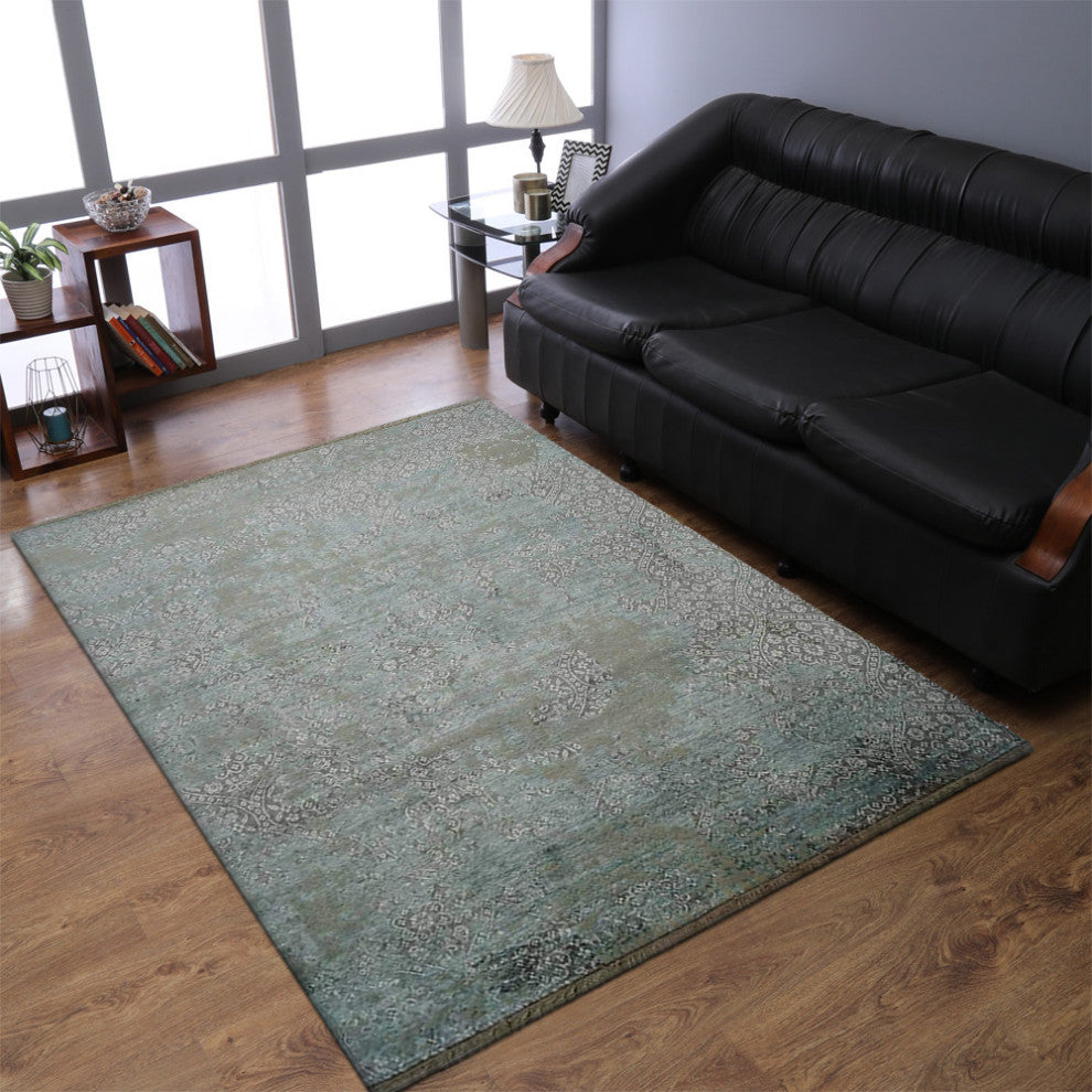 HAND KNOTTED LOOM SILK ECO-FRIENDLY AREA RUGS-Rectangle,Light Blue,Geometric