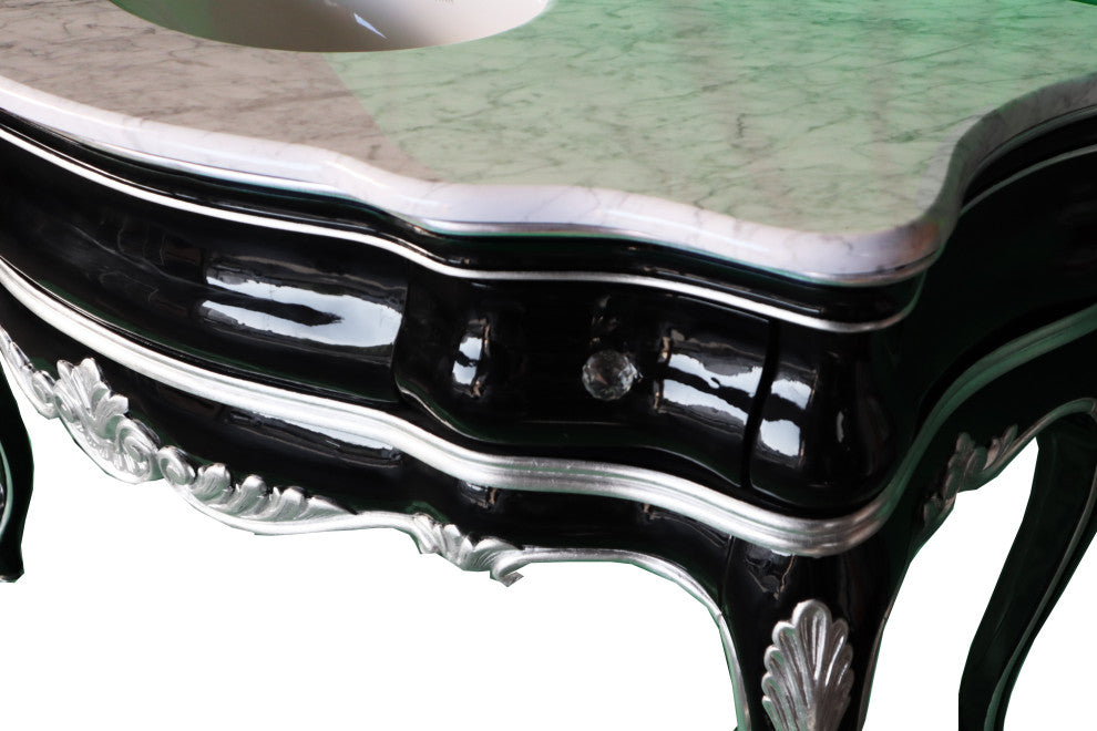 Handmade 48'' Single Bath Vanity, Italian Marble Top, Solid Wood, Mirror, Black