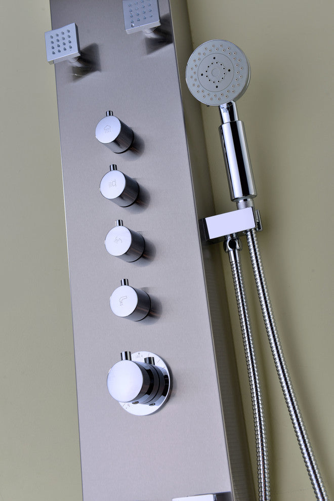 Echo 63.5" 4-Jetted Shower Panel, Heavy Rain Shower, Spray Wand, Brushed Steel