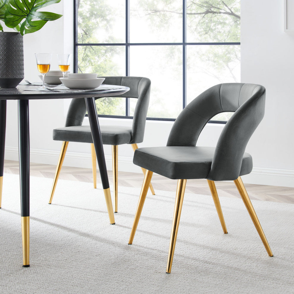 Dining Chair, Set of 2, Gold Gray, Velvet, Modern Cafe Bistro Hospitality