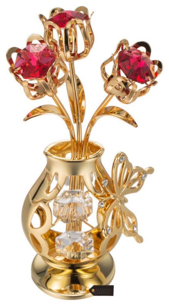 Matashi 24K Gold Plated Flower Ornament in Vase w Crystals Decorative Butterfly
