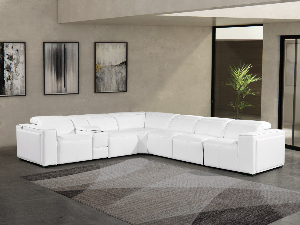Niccolo Italian Leather 7-Piece L-Shaped Power Reclining Sectional, White