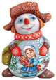 Boy With Girl And Dog On Snow Boy, Woodcarved Figurine