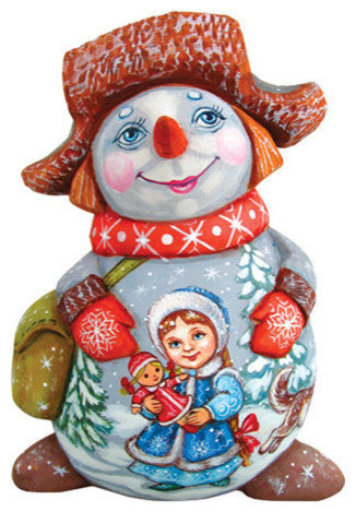 Boy With Girl And Dog On Snow Boy, Woodcarved Figurine