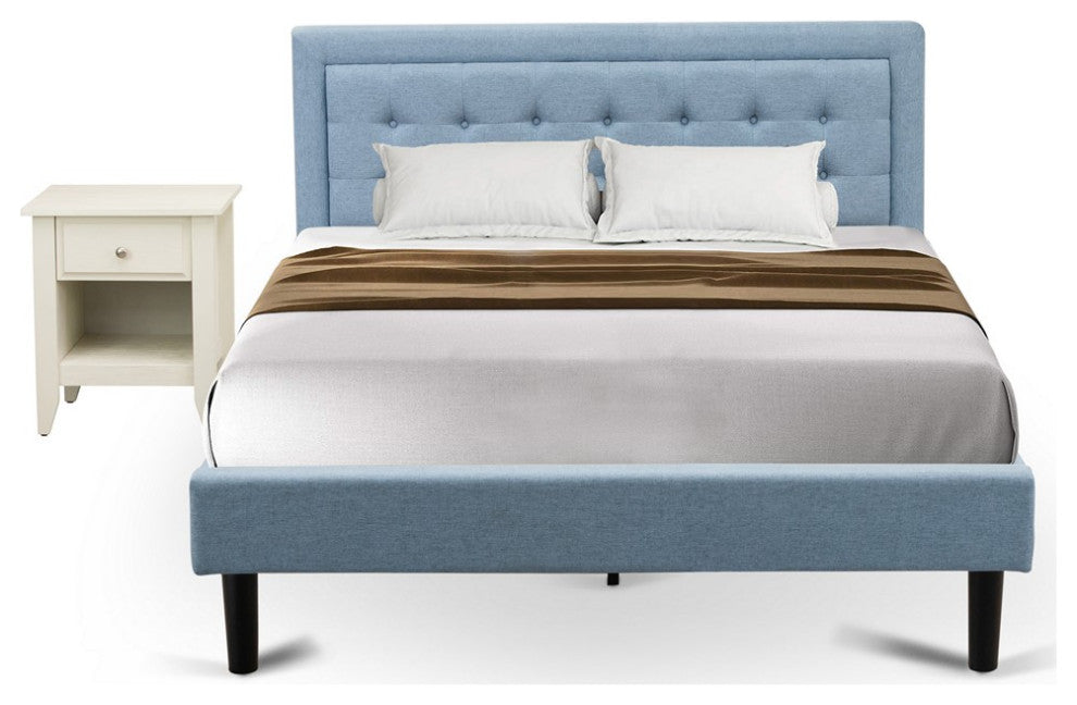 2Pc Fannin Bed Set, 1 Queen Size Frame, End Table For Bedroom, Denim Blue