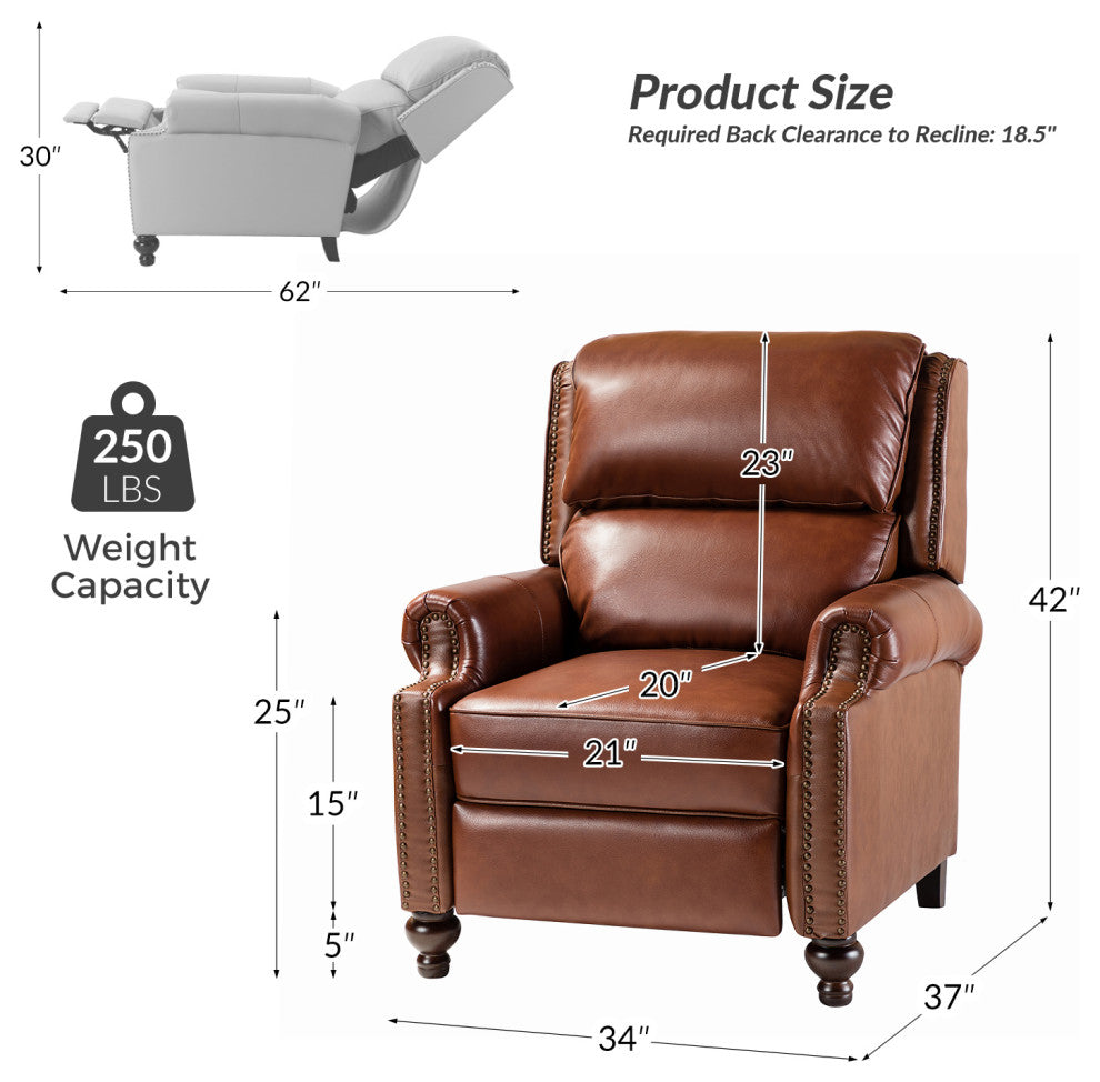 Genuine Leather Cigar Recliner With Nail Head Trim, Brown