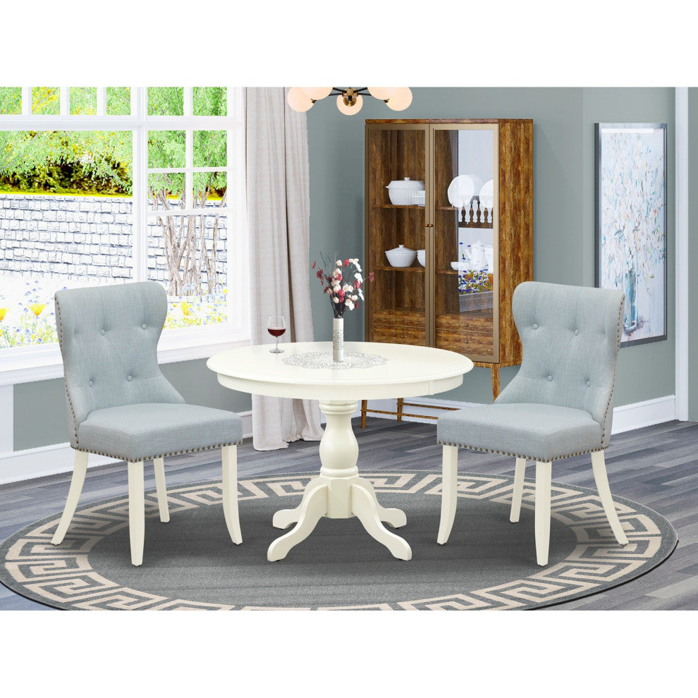 3 Pc Set, Linen White Small Kitchen Table, 2 Baby Blue Chairs Button Tufted