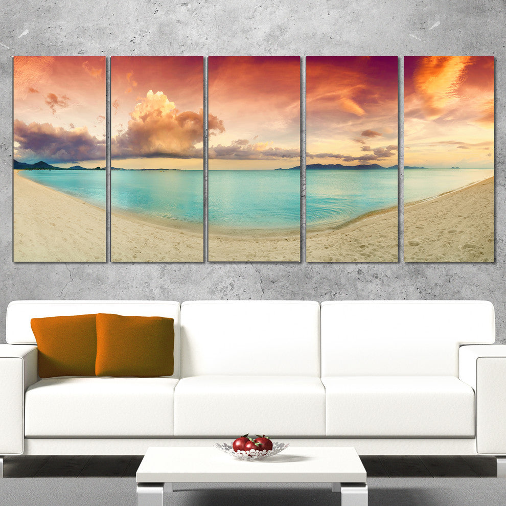 "Tropical Colorful Sunset With Pond" Landscape Canvas Print, 5 Panels, 60"x28"