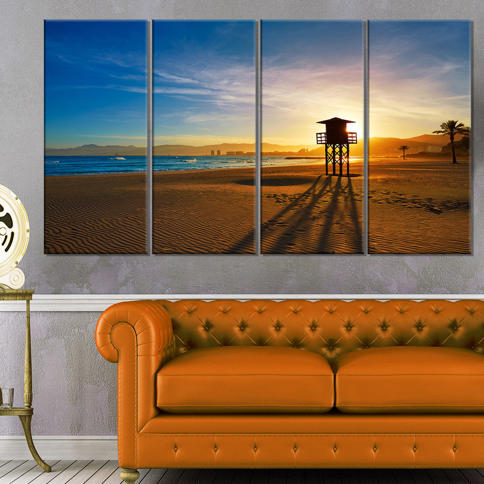"Colorful Sunset in Valencia" Modern Beach Canvas Art Print, 4 Panels, 48"x28"