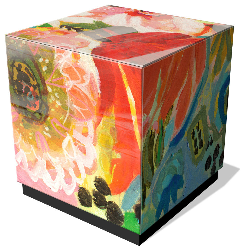 "Secret Garden Floral III" Printed Art Glass Side Table with Black Plinth Base