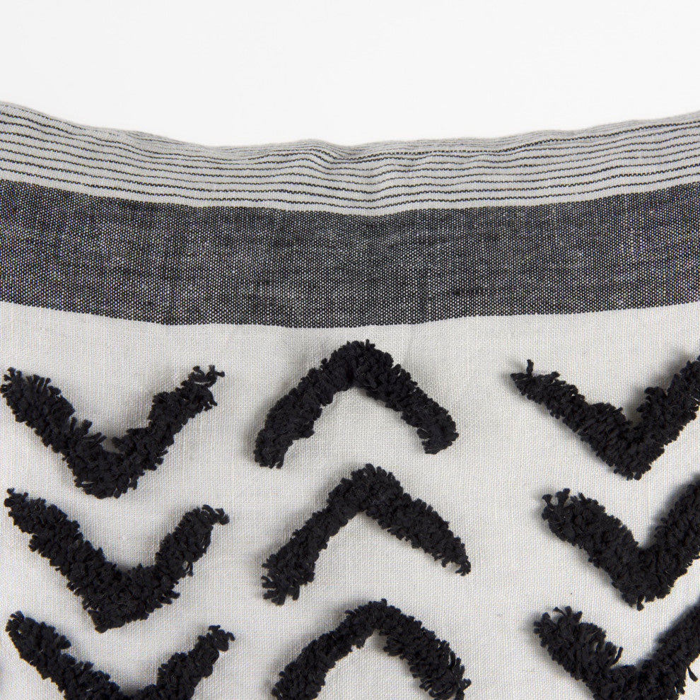 Kimia 20x20 White & Black Herringbone With Fringed Decorative Pillow Cover