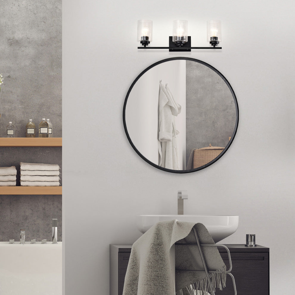 3-Light Matte Black Vanity With Seedy Glass