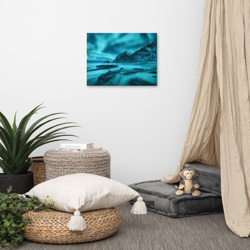 Blue Northern Lights and Mountain Coast Landscape Photo Canvas Wall Art Prints, 18" X 24"