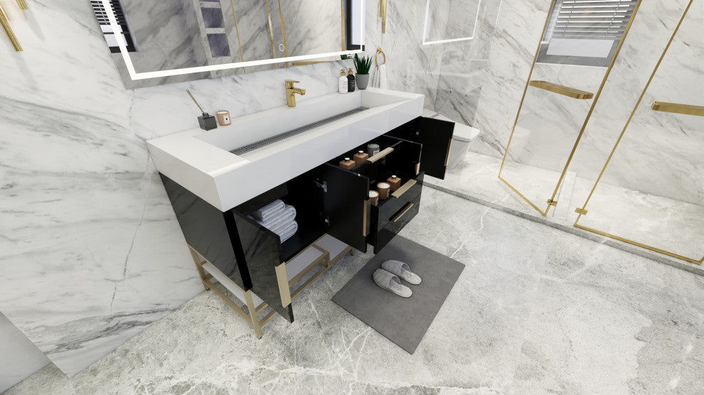 Madison 60" Free Standing Single Sink Vanity with Reinforced Acrylic Sink, High Gloss Black