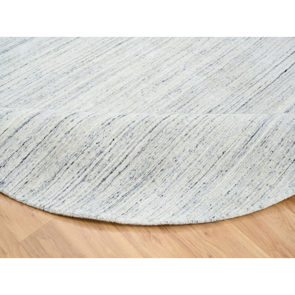 Ivory Pure Wool Hand Loomed Plain Modern Striped Design Round Rug, 7'10"x7'10"