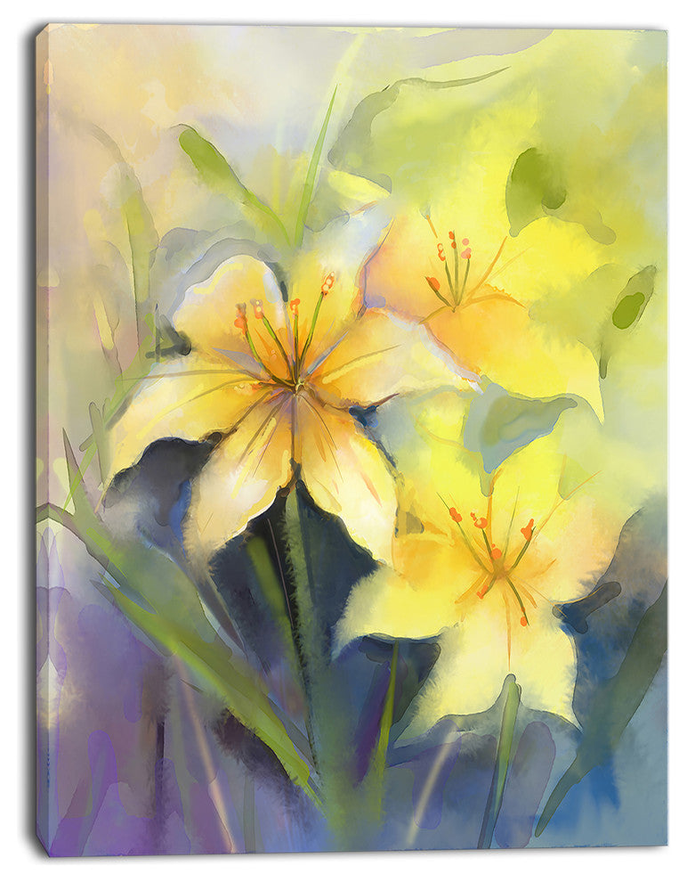Watercolor Painting Yellow Lily Flower, Large Floral Canvas Artwork, 30"x40"