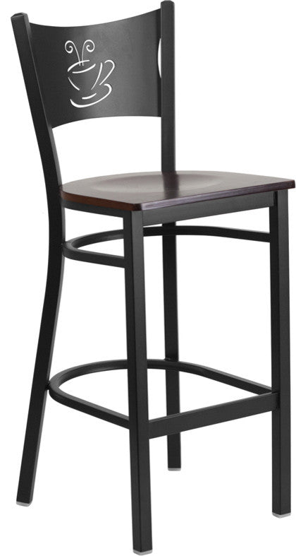 Black Coffee Back Metal Restaurant Barstool, Walnut Wood Seat
