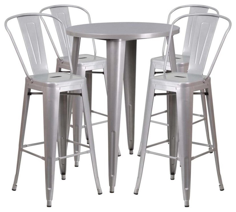 30" Round Silver Metal Indoor-Outdoor Bar Table Set with 4 Cafe Stools