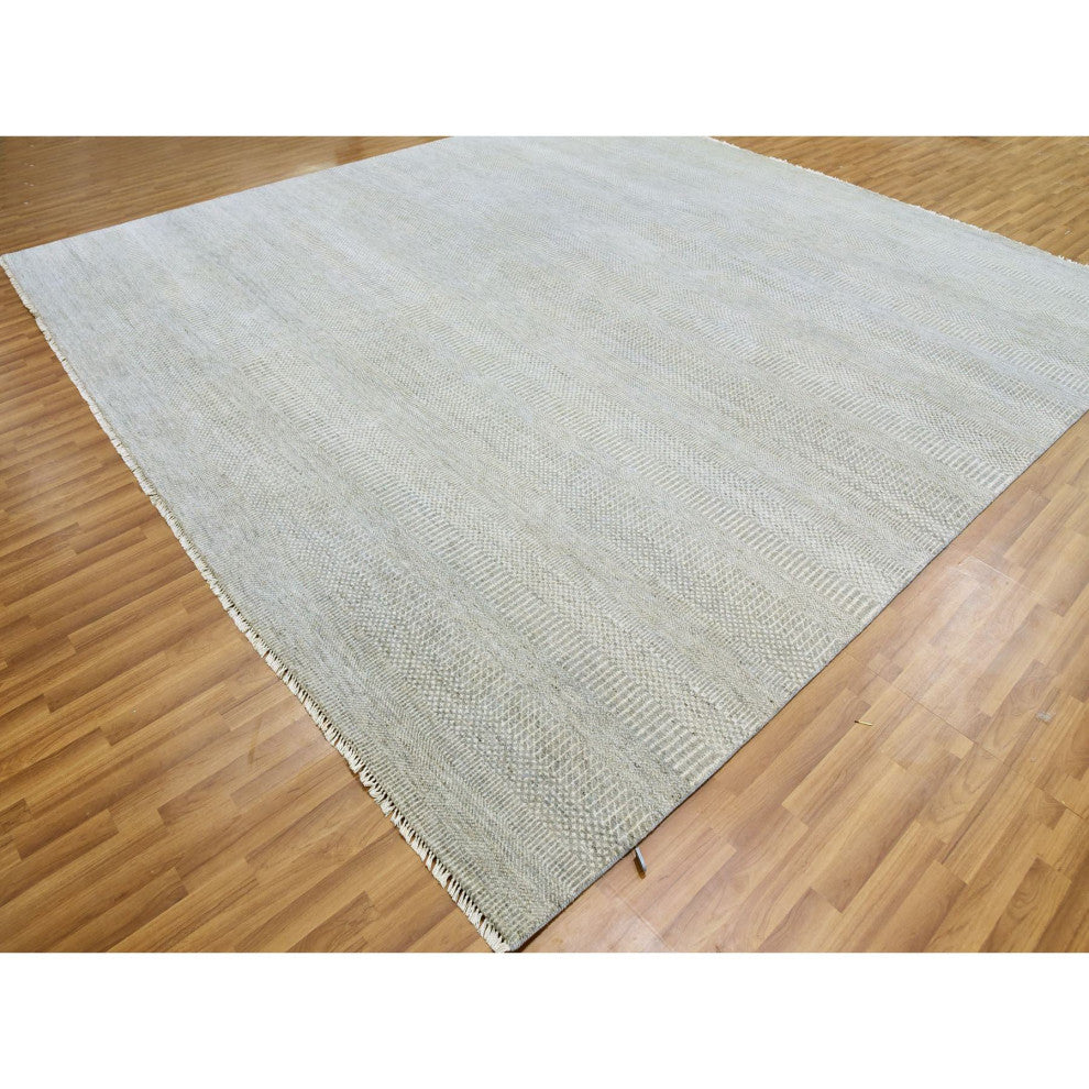 Olive Gray Grass Design Natural Undyed Wool Hand Knotted Square Rug 12'x12'4"