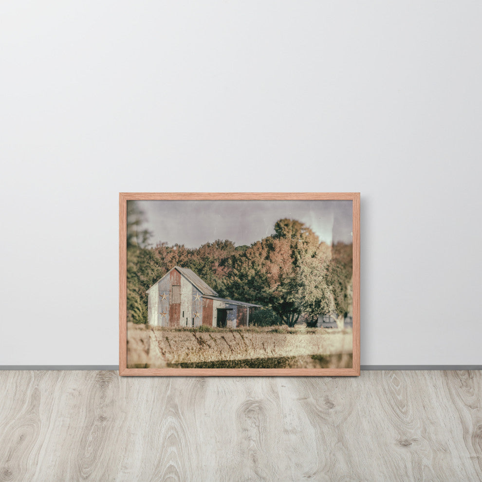 Patriotic Weathered Barn in Field Glass Plate Framed Photo Paper Wall Art Prints, Red Oak, 18" X 24"