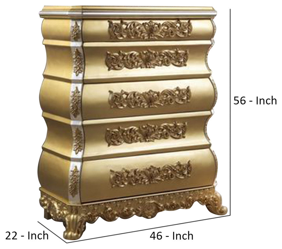 Benzara BM269591 Chest With 5 Storage and Scrolled Floral Design, Gold