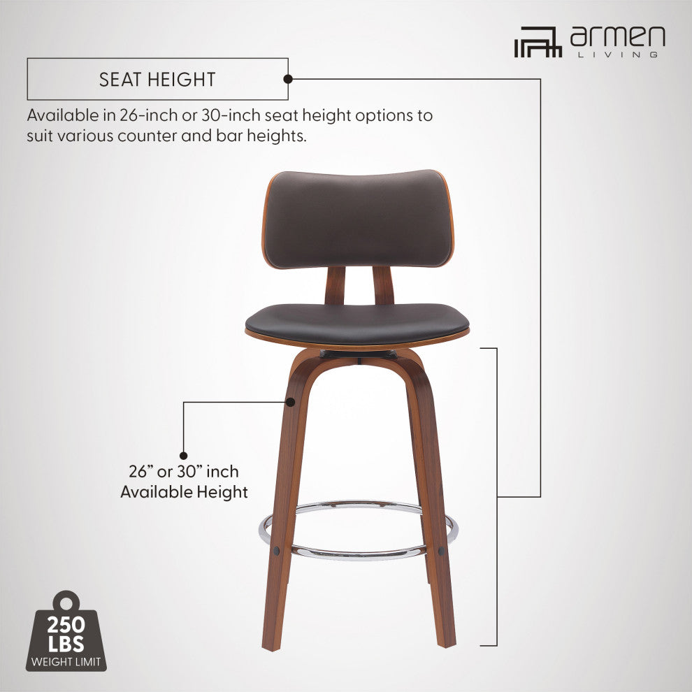 Pico 26" Swivel Walnut Wood Counter Stool, Brown Faux Leather With Chrome, 30