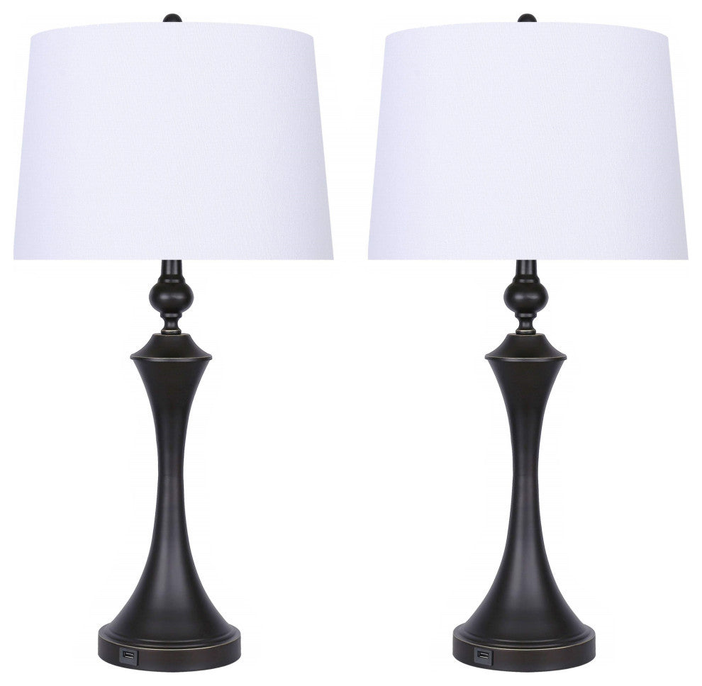 31" Oil-Rubbed Bronze Table Lamps With USB Port, Off-White Linen Shade, Set of 2