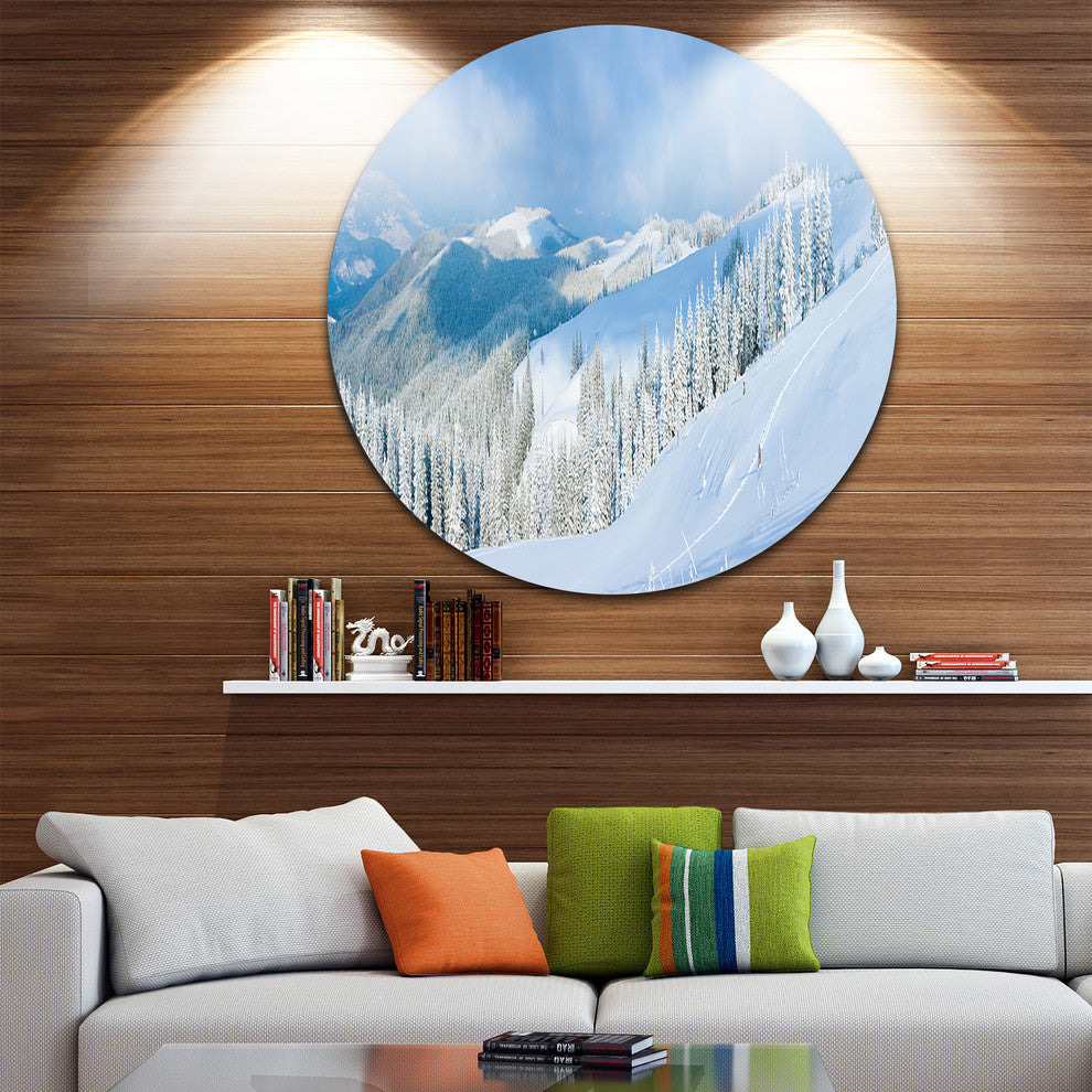 Panoramic Winter Mountain, Landscape Photo Disc Metal Artwork, 11"