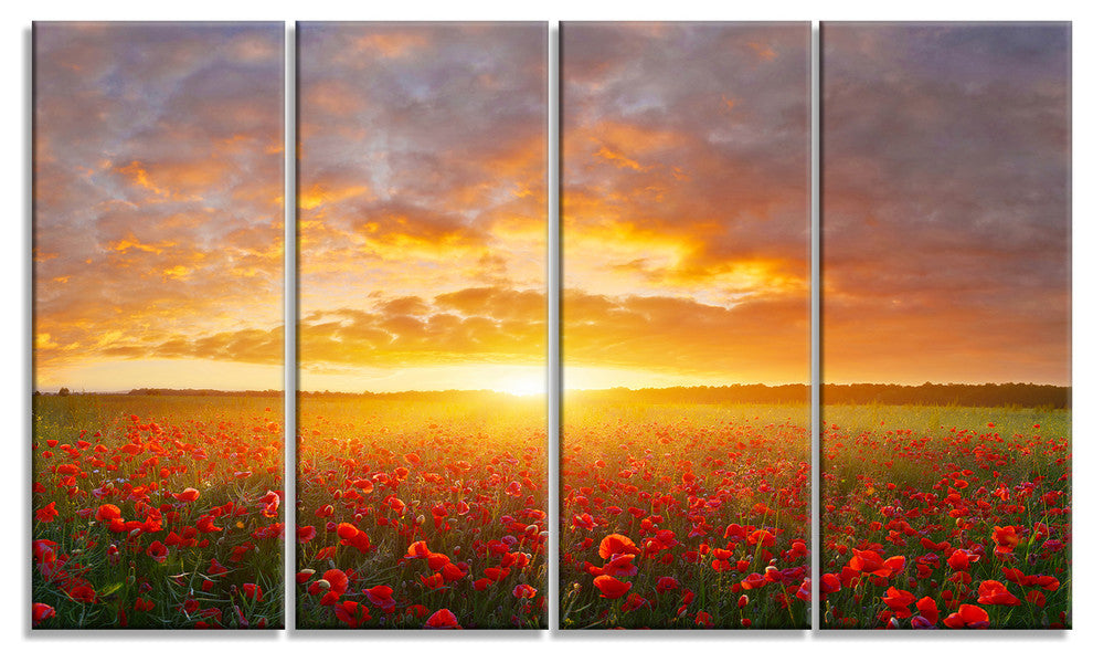 Poppy Field under Bright Sunset, Landscape Canvas Art Print, 48"x28", 4 Panels