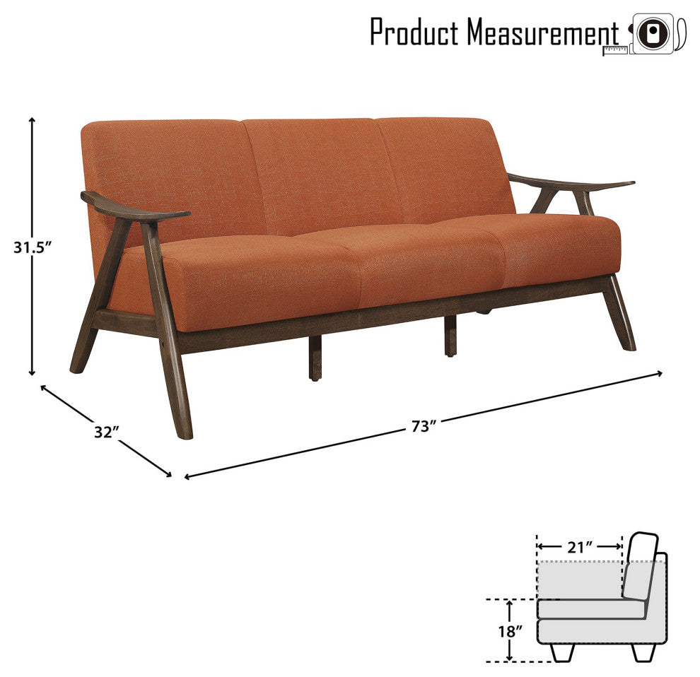 Retro Modern Sofa, Exposed Walnut Finished Frame & Cushioned Seat, Orange
