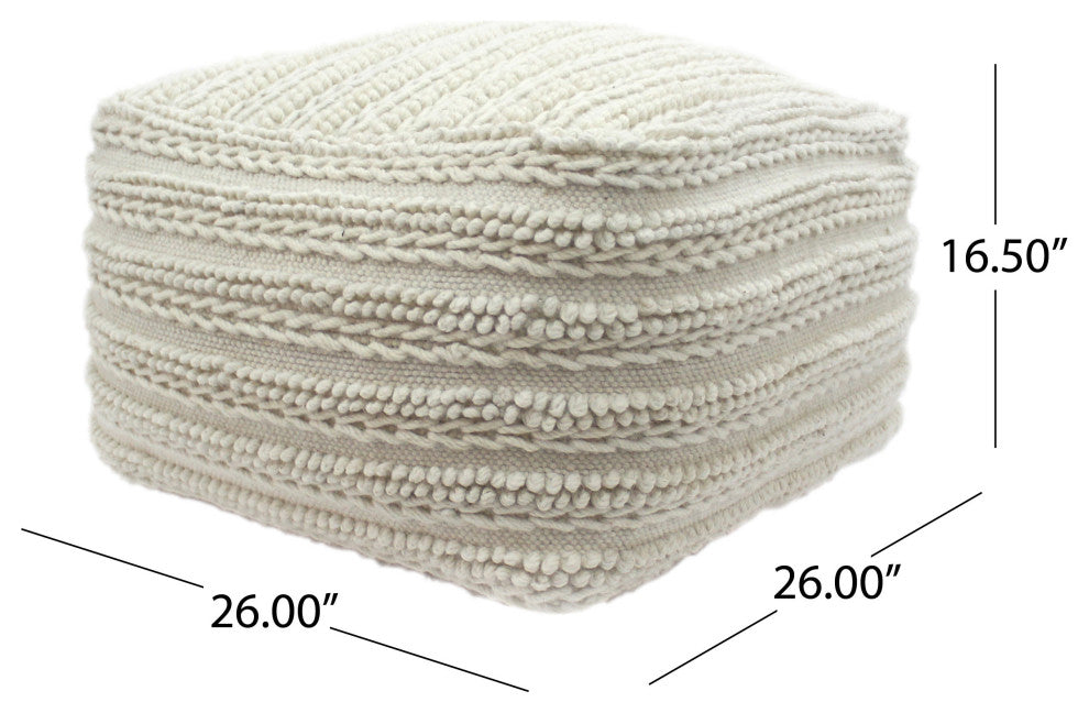 Marcia Boho Handcrafted Large Fabric Square Pouf, Ecru, Ecru