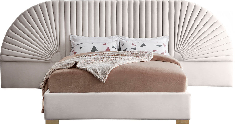 Cleo Velvet Upholstered Bed With Custom Gold Steel Legs, Cream, King