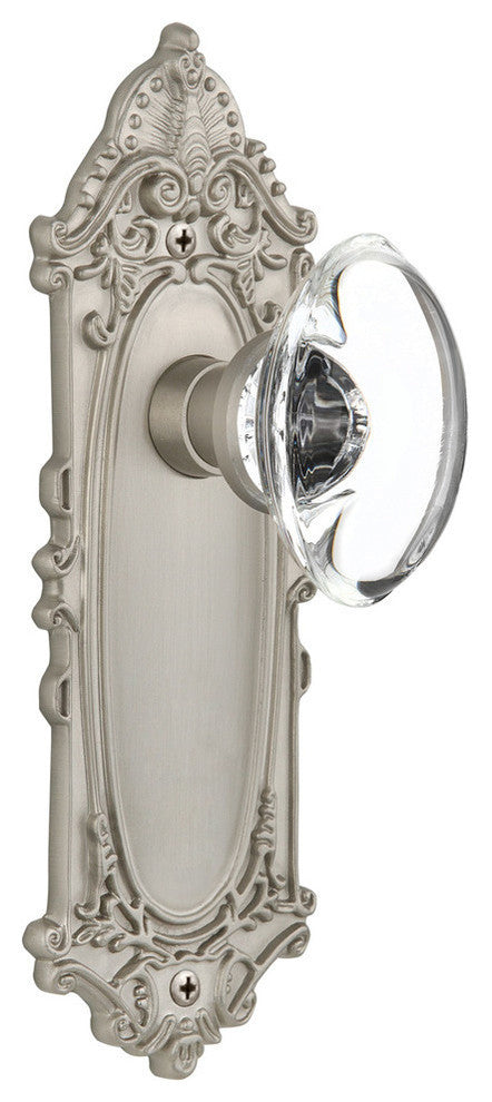 Double Victorian Plate With Oval Clear Crystal Knob, Satin Nickel