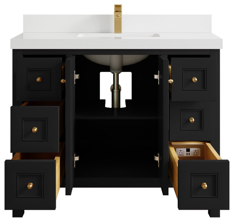 Nashville 42" Single Sink Bath Vanity, Black 2" White Quartz