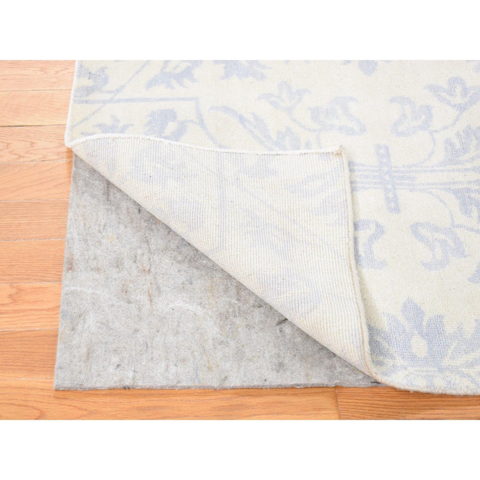Gray on Beige Lotus Flower Design Tone on Tone Hand Knotted Wool Rug, 8'x9'10"