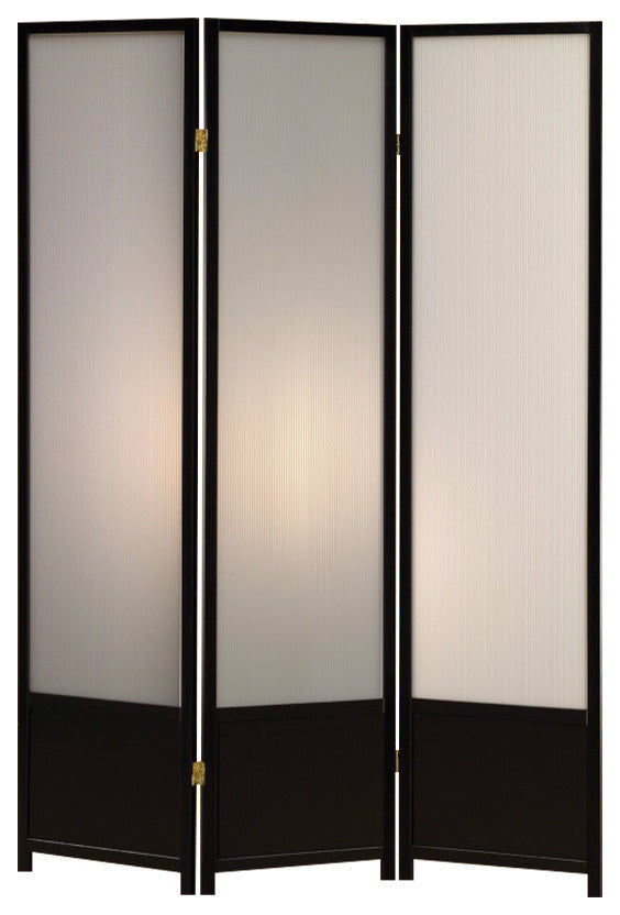 Benzara BM159230 Three Panel Folding Screen With Translucent Inserts, Black