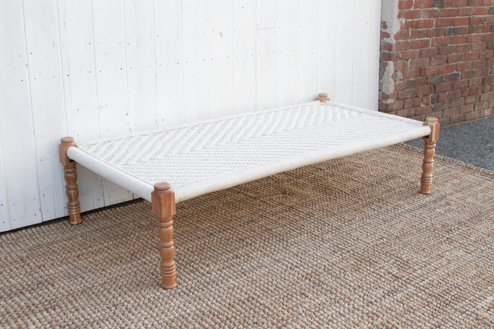 Bleached Wood and White Woven Charpai Coffee Table