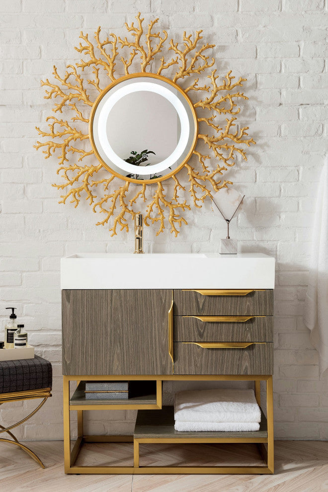 Columbia 36" Single Vanity, Ash Gray, Radiant Gold, Glossy White Top