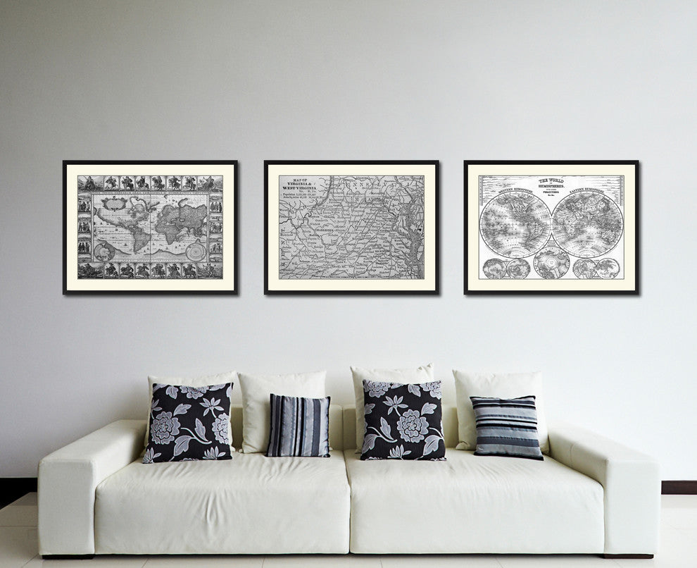 Virginia West Virginia Vintage B&W Map Canvas Print, 28"x37"