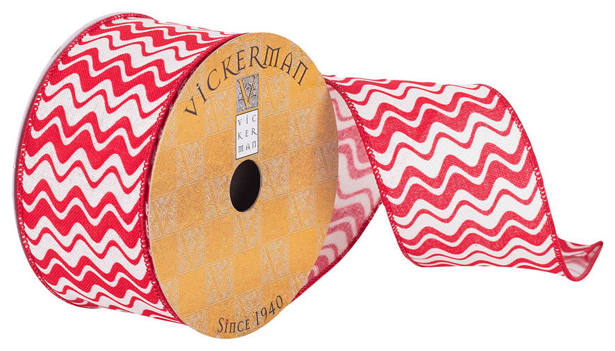 2.5"x10Yd Red/White Waves Woven Dupion