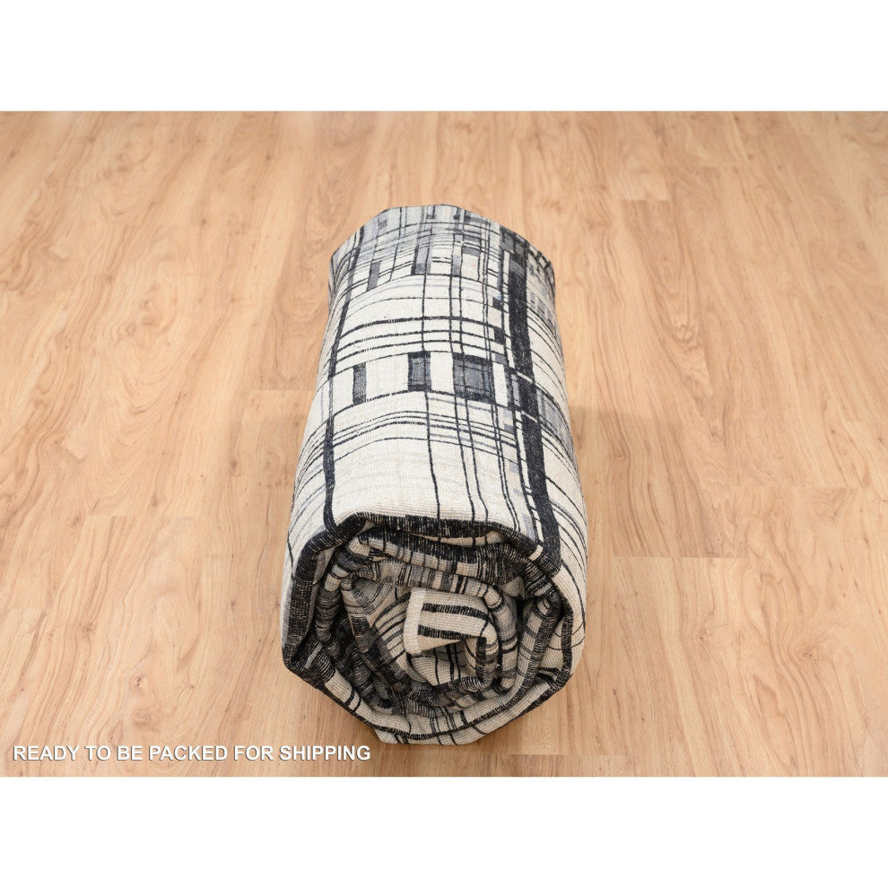 Black, Modern Lines Design, Ghazni Wool, Hand Knotted, Oriental Rug, 8'2" x 9'9"