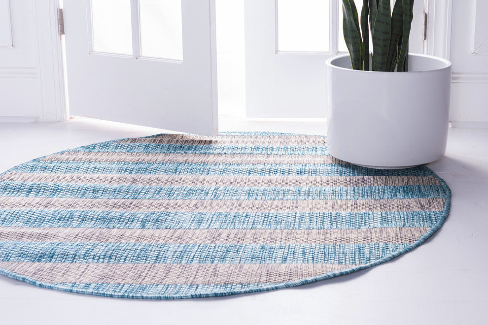 Unique Loom Aqua Blue Striped Outdoor Area Rug, Aqua Blue, Gray, 4' X 4'