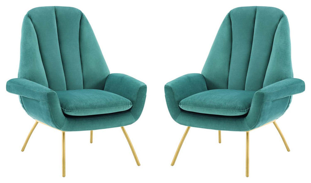 Armchair Accent Chair, Set of 2, Velvet, Metal, Teal Blue, Modern, Lounge