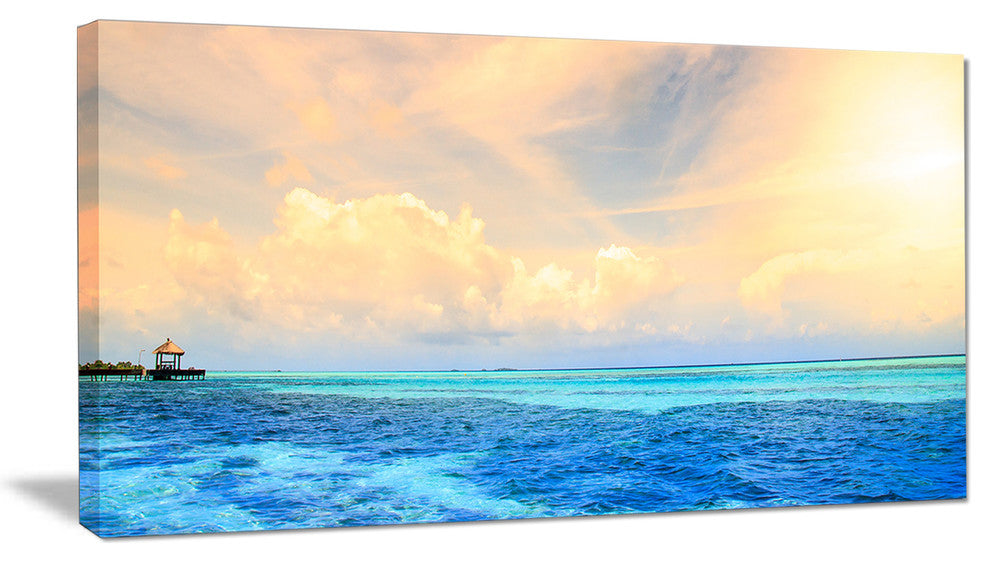 "Maldives Bungalows Sunset Panorama" Extra Large Seascape Art Canvas, 32"x16"