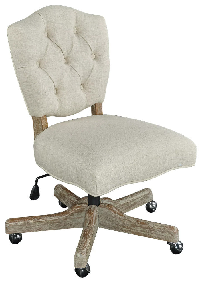 French Country Office Chair, Wooden Frame With Button Tufted Back, Gray Wash